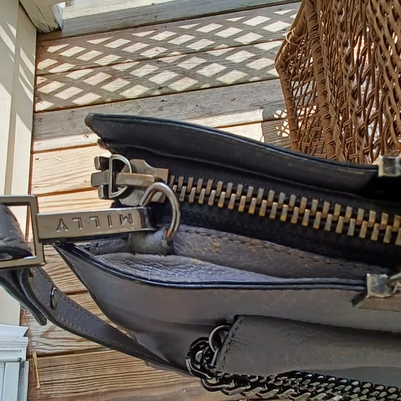 AUTH MILLY GUNMETAL GRAY CHAINLINKED XL LEATHER SATCHEL HANDBAG W/ LONG STRAP! - Picture 7 of 16